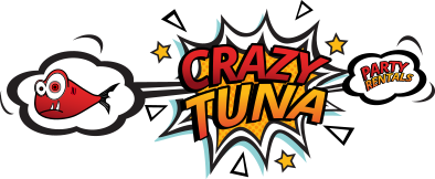 Cartoon logo with a red fish on the left, "CRAZY TUNA" in large comic-style letters in the center, and "PARTY RENTALS" in a smaller cloud on the right, with stars and burst effects around.